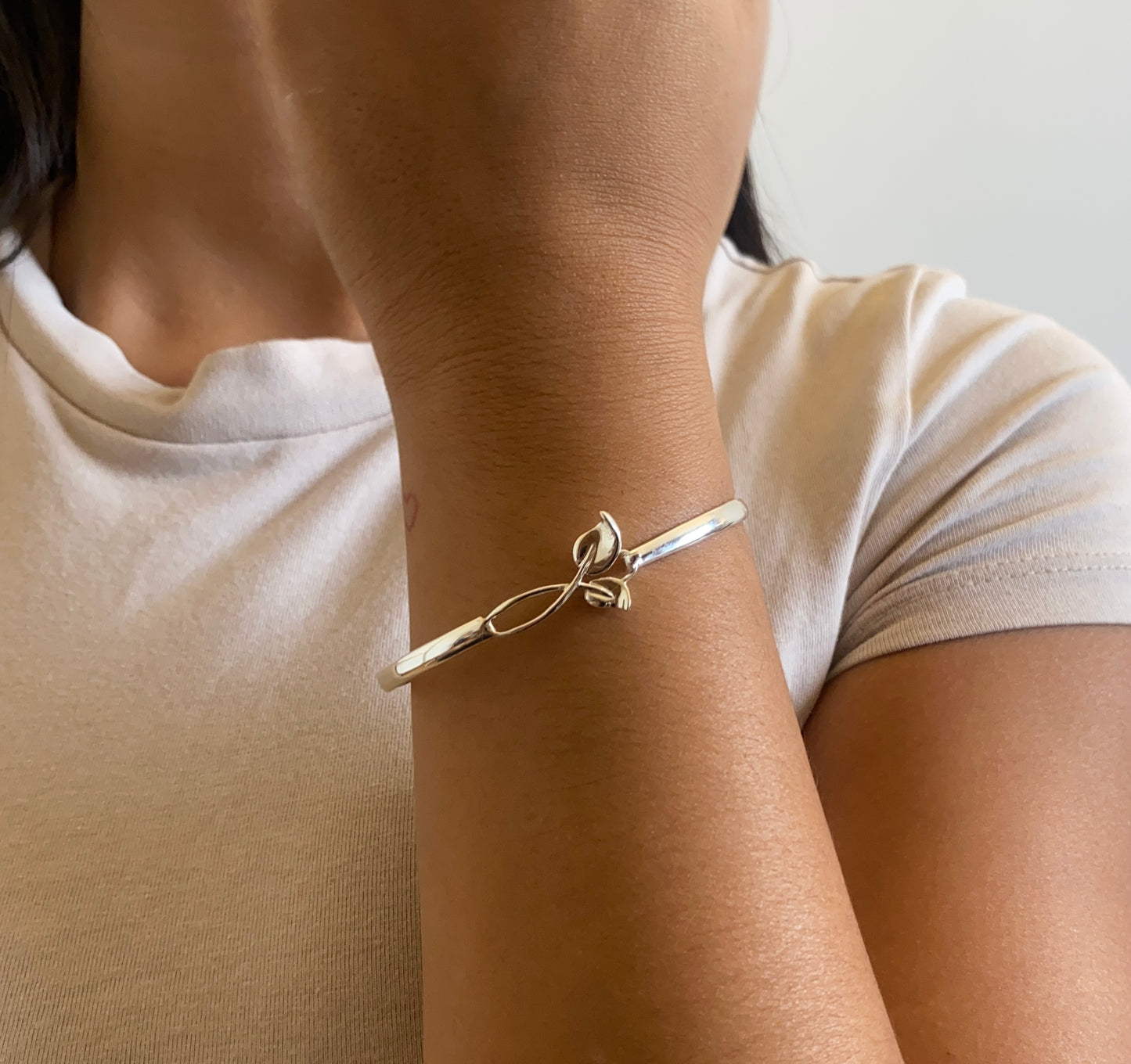 Leaf Sterling Silver Small Wrist Bracelet Bangle