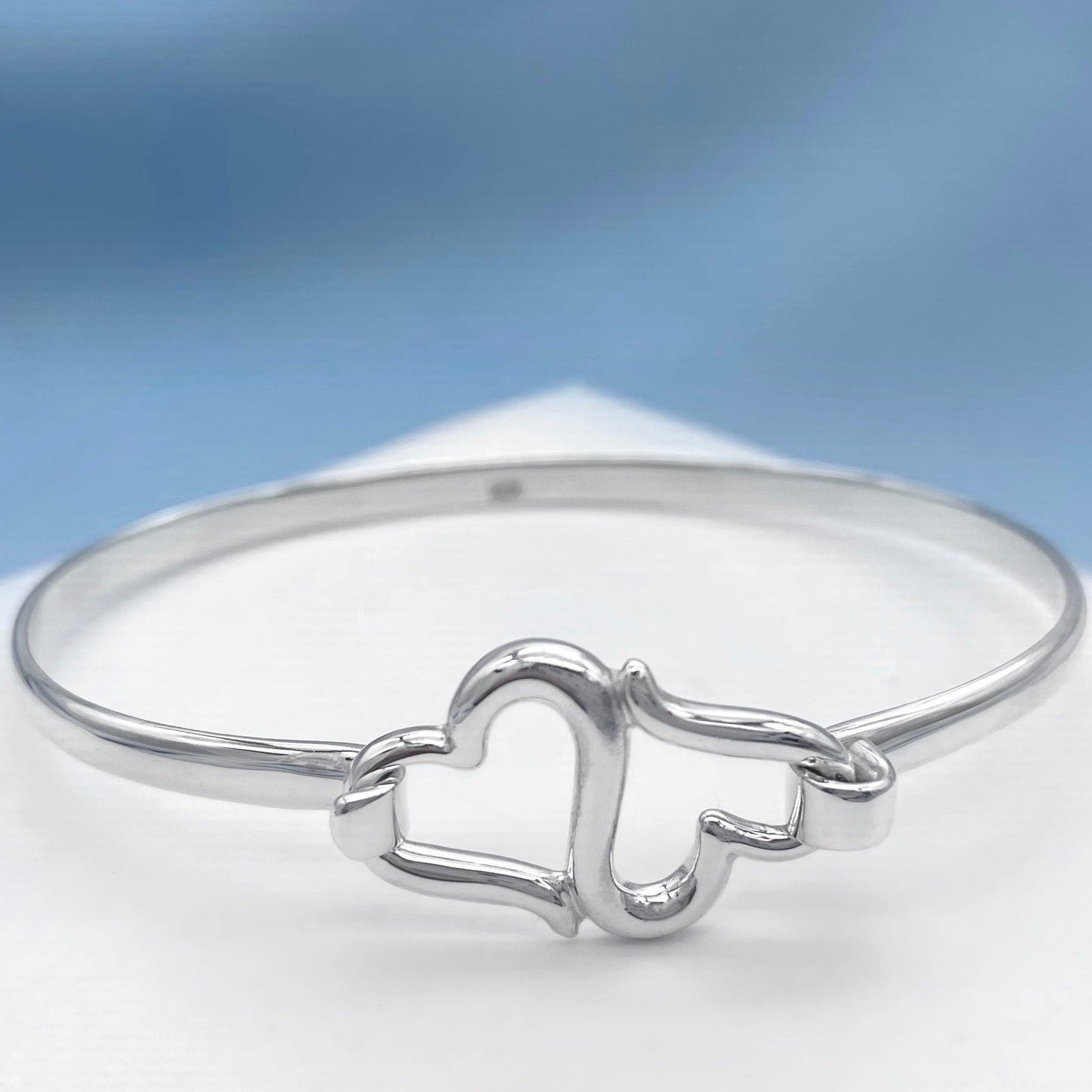 Siamese Hearts Sterling Silver Clasp Bracelet Bangle