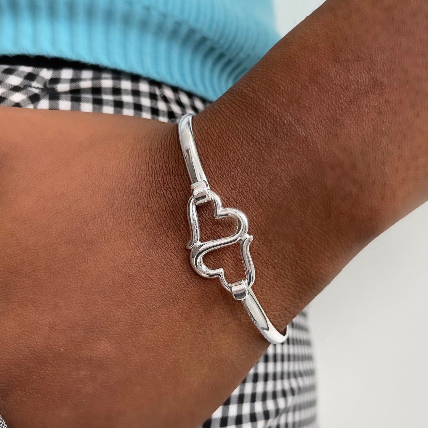 Siamese Hearts Sterling Silver Clasp Bracelet Bangle