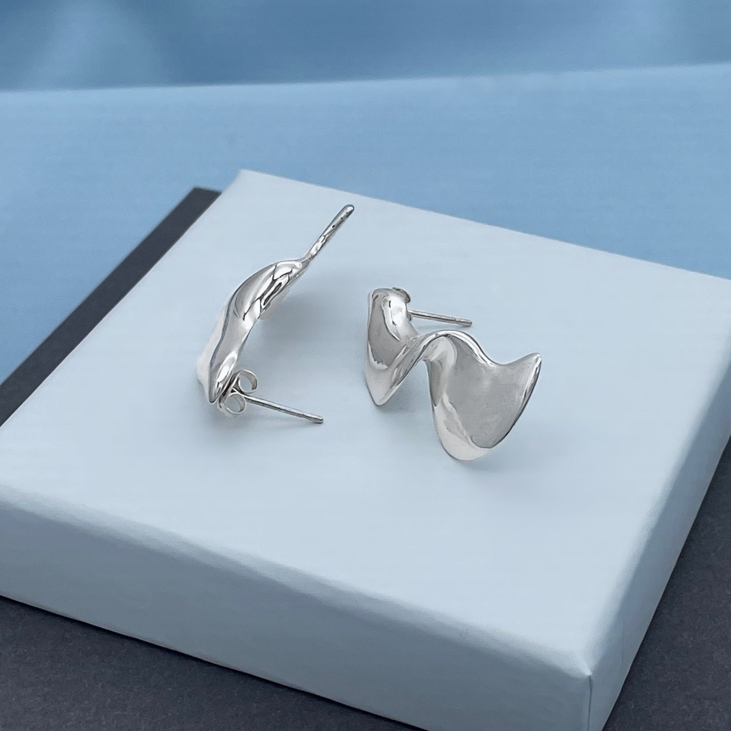 Folded 3/4 Moon Sterling Silver Stud Earrings