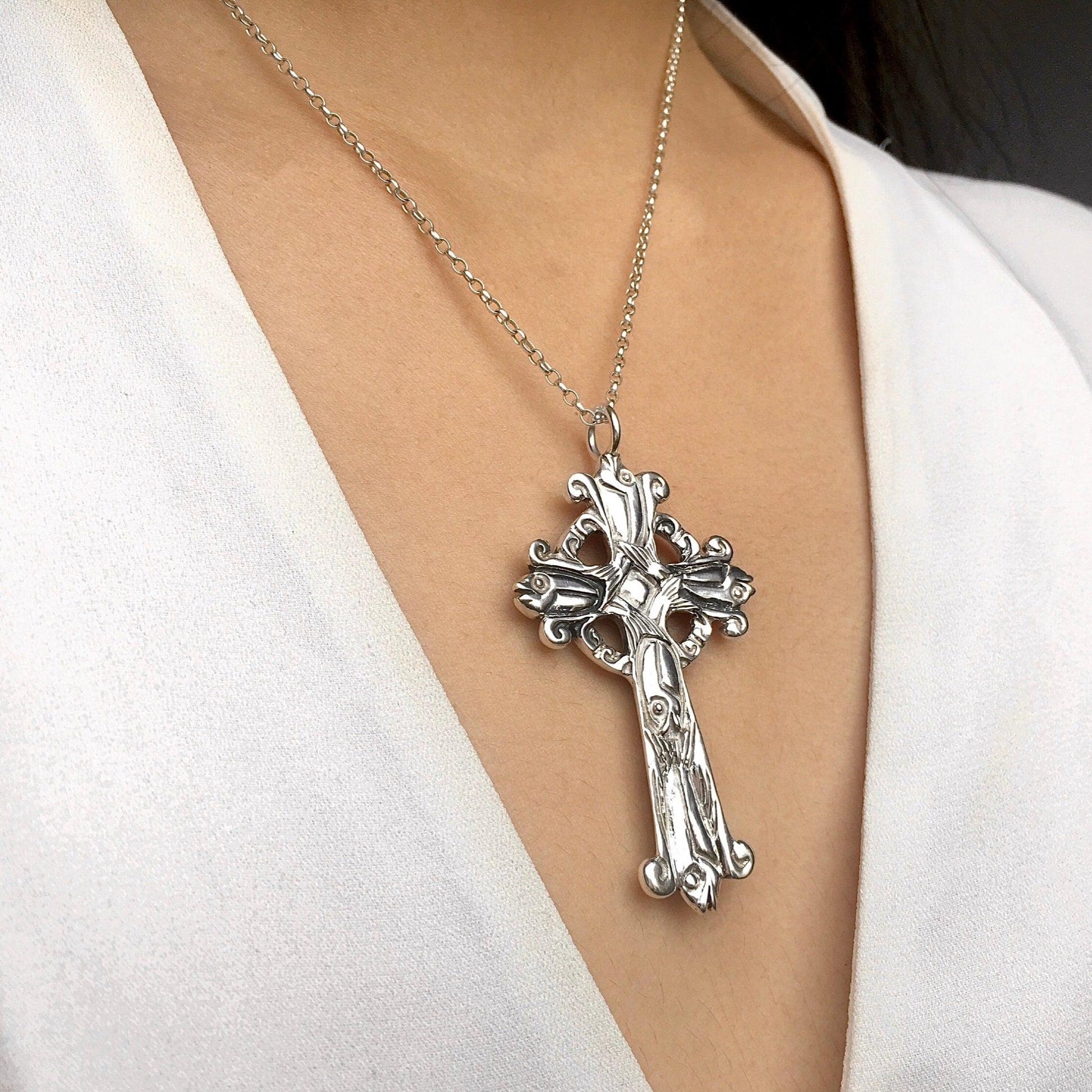 Silver Cross Pendant 2 Sided Crucifix Unusual Jewelry Religious Bridal Gifts Baptism Gift Idea Unique Silver Cross Pendant Fish Supper Cross