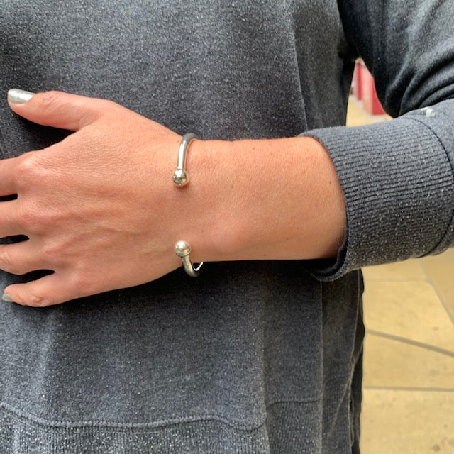 Surfer Silver Bangle Cuff with Round Ends