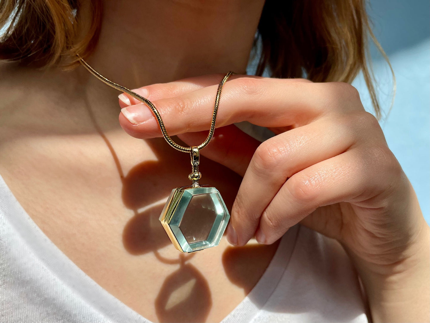 Crystals necklace holder hexagon gold locket for birthstones and keepsakes, choose your size, gold shaker locket, gift for her add your gem