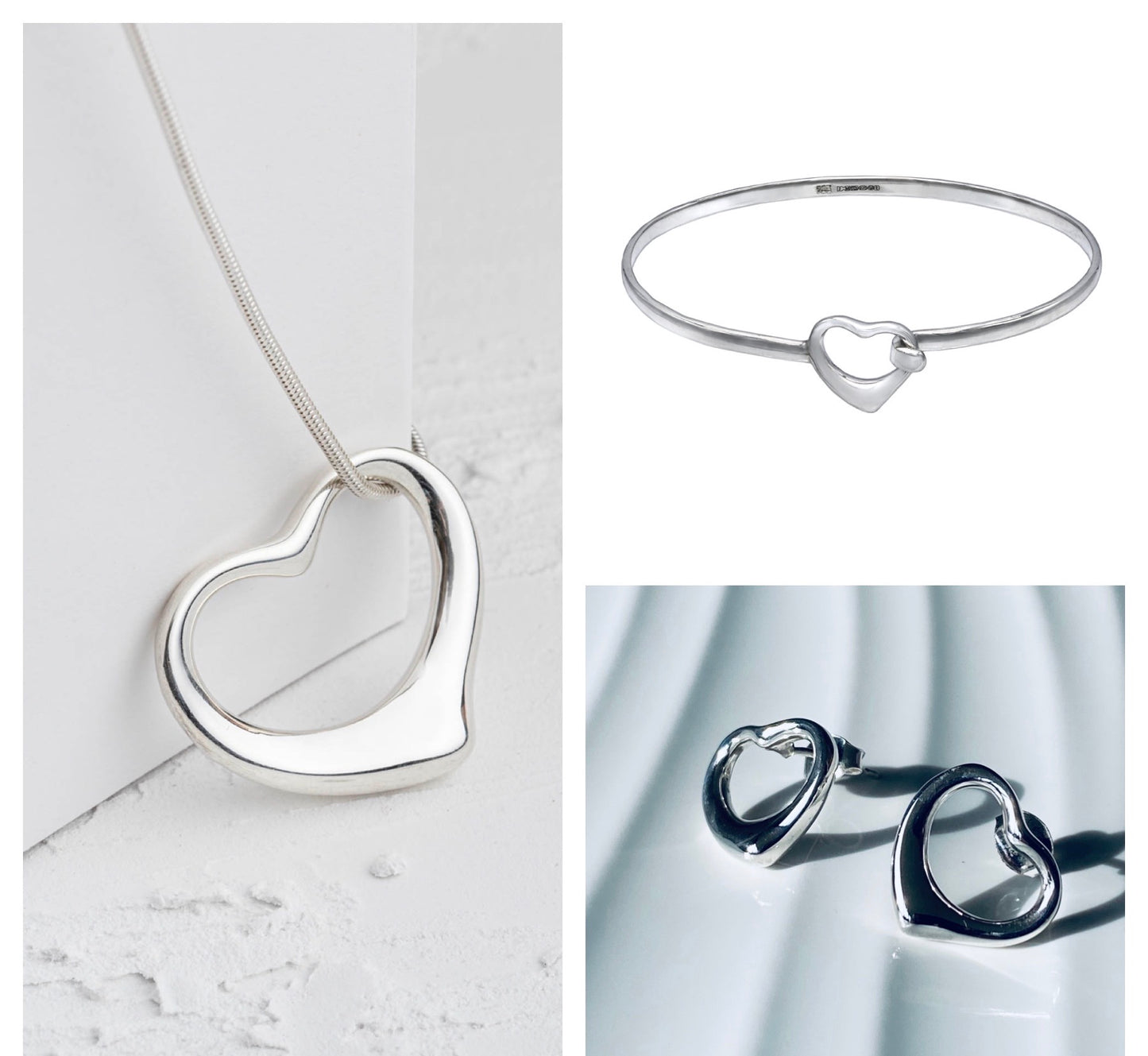 collage showing heart bangle, heart earrings and heart necklace