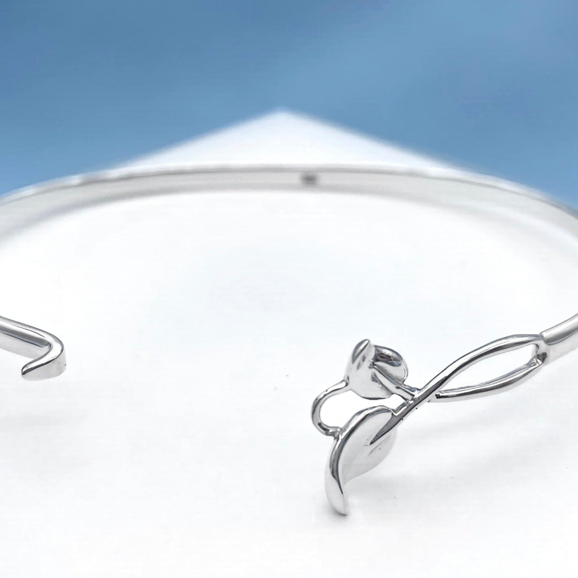 leaf hook sterling silver bangle shown in open position