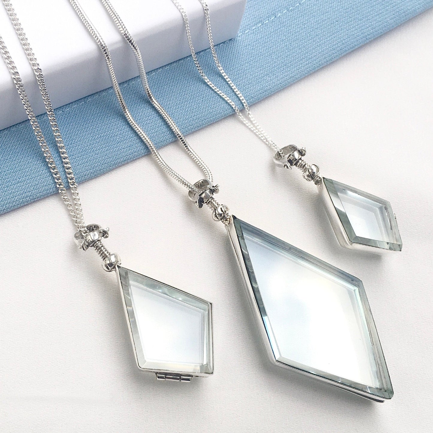 Diamond Shaped Sterling Silver Glass Lockets