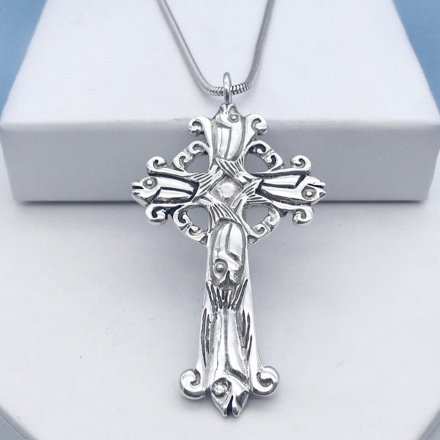 Silver Cross Pendant 2 Sided Crucifix Unusual Jewelry Religious Bridal Gifts Baptism Gift Idea Unique Silver Cross Pendant Fish Supper Cross