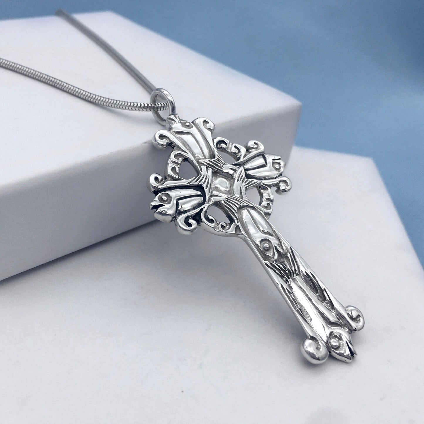 Silver Cross Pendant 2 Sided Crucifix Unusual Jewelry Religious Bridal Gifts Baptism Gift Idea Unique Silver Cross Pendant Fish Supper Cross